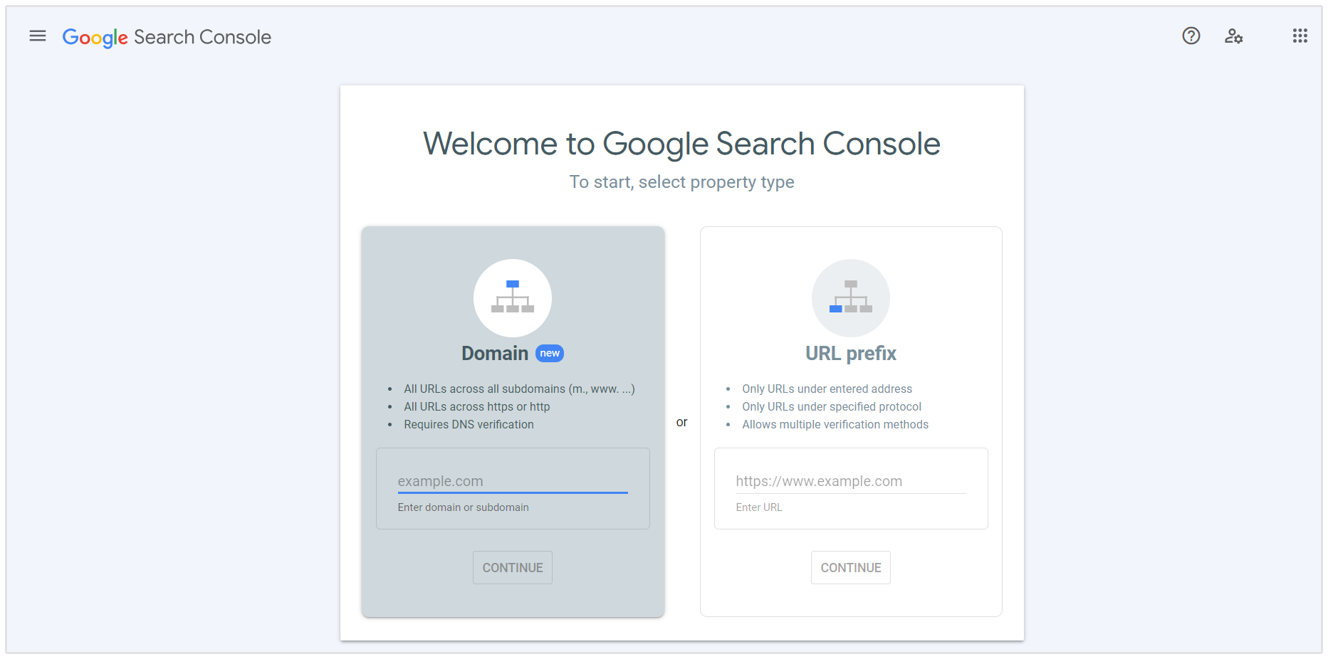 Selecione o tipo de propriedade no Google Search Console
